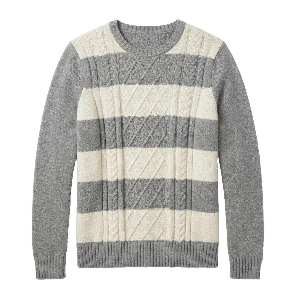 Chaps Women's Size M Gray Striped Chunky Cable Knit Sweater Crew Neck Pullover